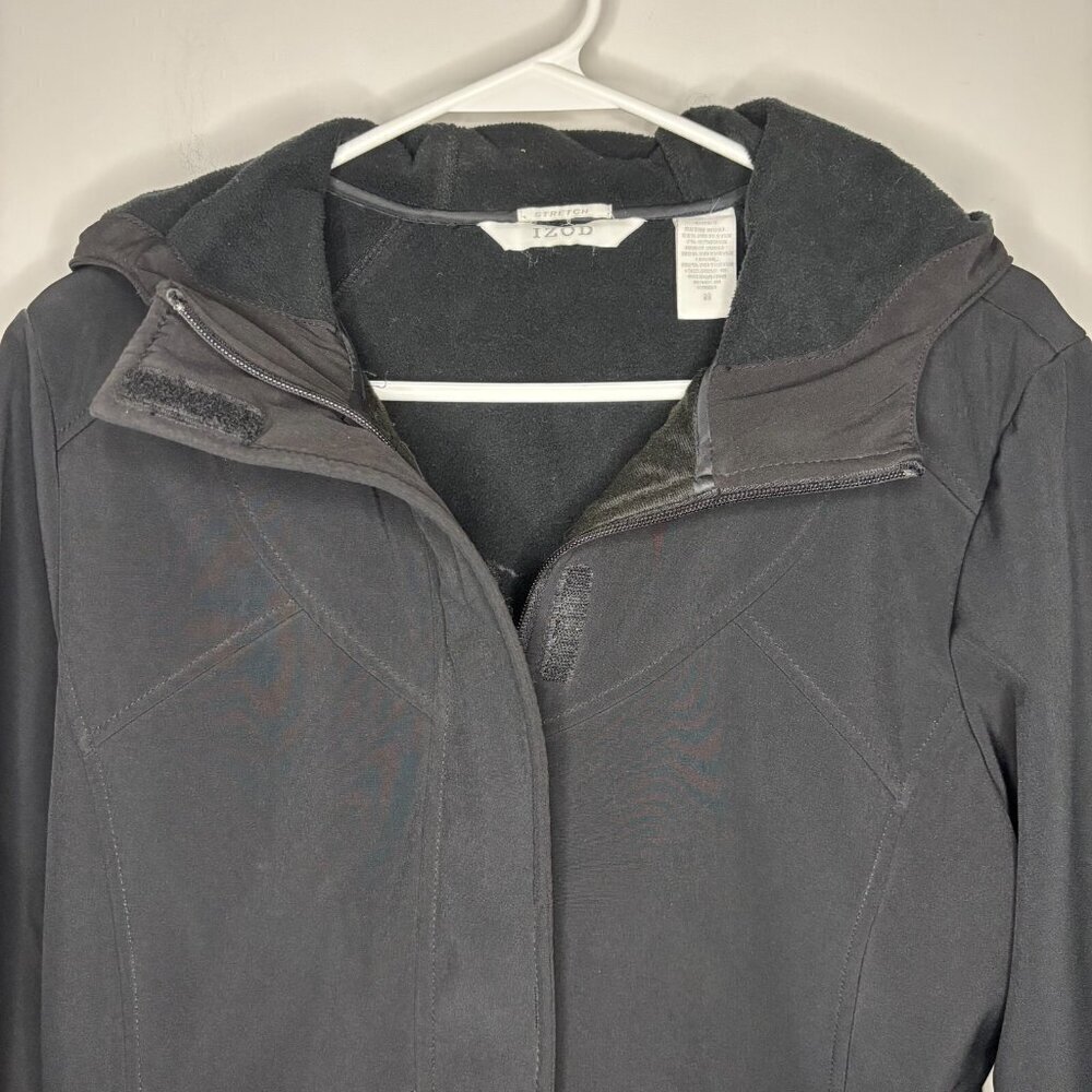 IZOD Fleece Lined Coat Women's M Black Stretch Hood Zip Hook & Loop